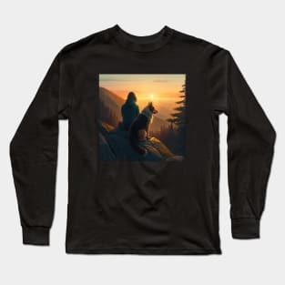 Mountain Hiking Sunset, Adventure Travel with My Dog Long Sleeve T-Shirt